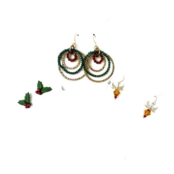 Festive Holiday Earring Set - 3 Pairs: Reindeer, Holly,  & Wreath Hoops - Picture 1 of 6